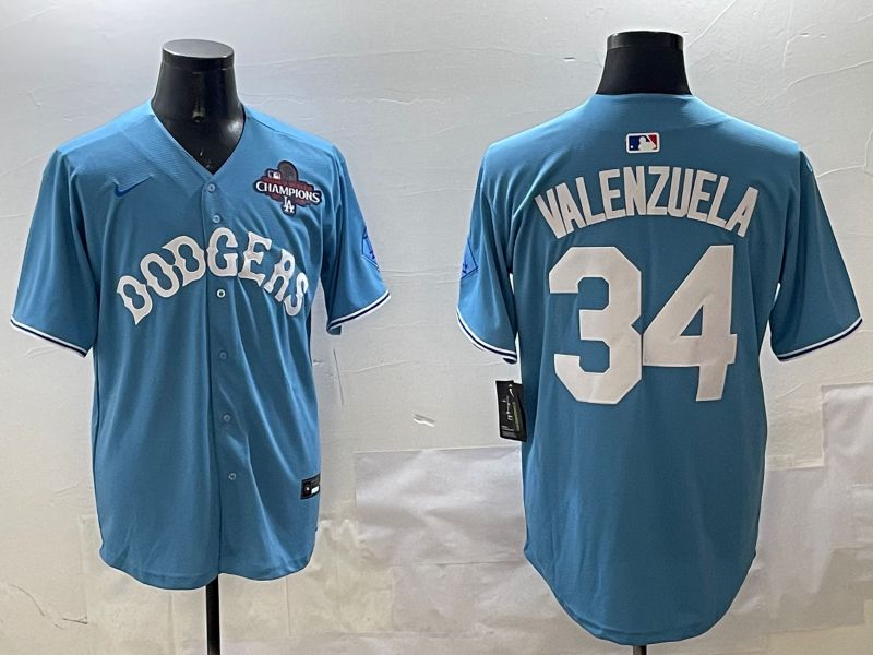 Men Los Angeles Dodgers 34 Valenzuela Light Blue Joint Name 2025 Nike MLB Jersey style 3164